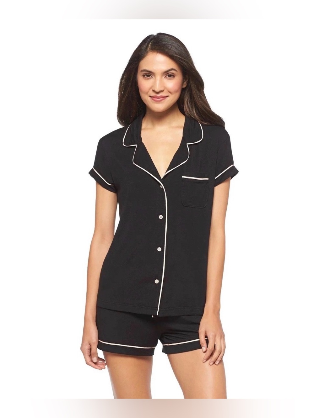 Gillian & O’Malley Pajama Set Shorts + Shirt, Black w/ White Trim, size Large